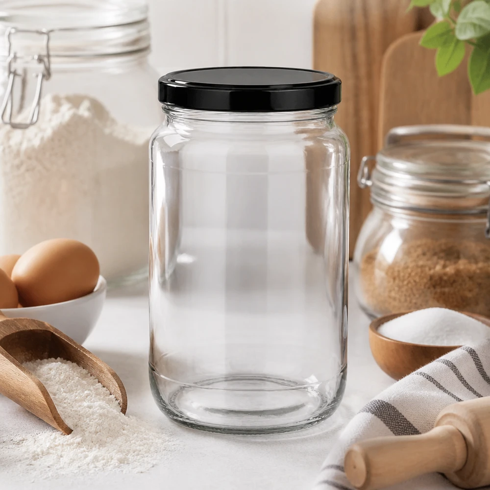 Barattolo rotondo da 1700 ml con coperchio BasicSeal nero UNiTWIST. Il barattolo rotondo da 1700 ml vuoto della cucina moderna mostra un design elegante per una conservazione e una decorazione versatili