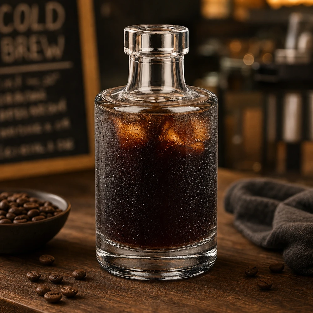 Bottiglia in vetro da 100 ml Marie senza tappo UNiTWIST® 100ml Glasflasche Marie mit Cold Brew Kaffee gefüllt neben Kaffeebohnen in gemütlicher Café-Atmosphäre