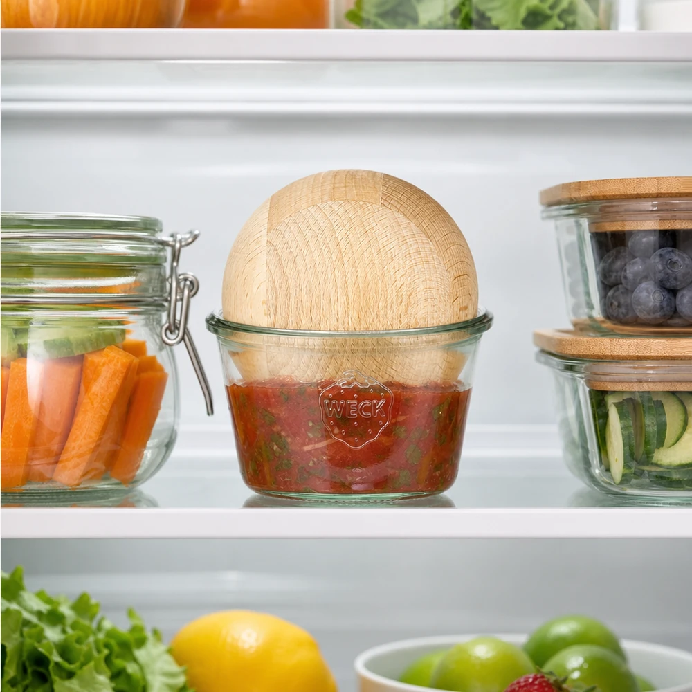 WECK RR100 Vaso per la conservazione in frigorifero 370ml Salsa Dip Palla di faggio accanto a verdure e ingredienti freschi
