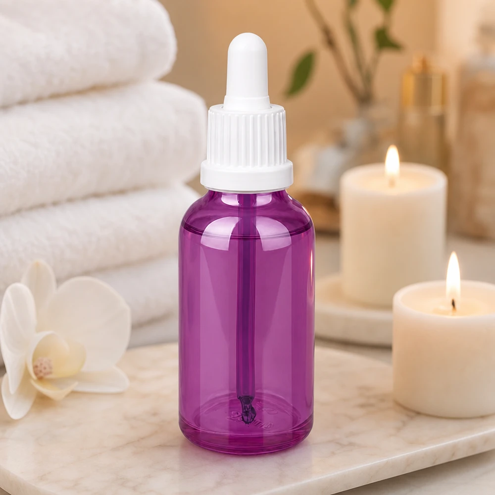 Bottiglia per pipette da 30 ml con tappo a vite bianco originalità PurpleLine UT18/30 Flacone contagocce compatto viola da 30 ml con tappo bianco OV per oli essenziali ed estratti