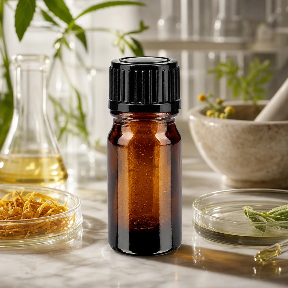 Bottiglia da farmacia marrone da 5 ml. SV STD nero/11mm ApoGlas Fialetta di vetro marrone da 5 ml con tappo a vite nero, circondata da erbe medicinali e strumenti da laboratorio