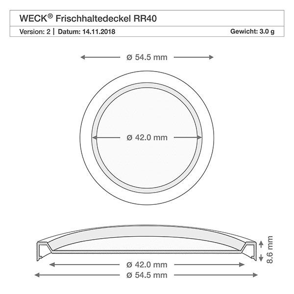Coperchio WECK/REX Keep Fresh RR40 Disegno tecnico del coperchio WECK RR40 keep-fresh con dimensioni di 54,5 mm di diametro esterno e 42,0 mm di diametro interno