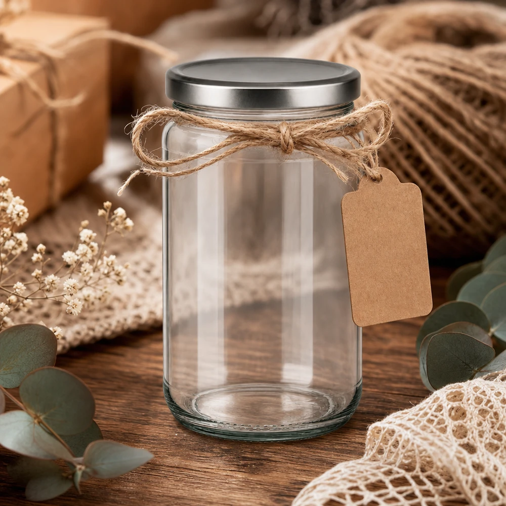 Barattolo rotondo da 305 ml con coperchio BasicSeal argento UNiTWIST. Barattolo rotondo da 305 ml con coperchio BasicSeal in argento decorato con corda di iuta ed etichetta in carta kraft su un tavolo di legno rustico