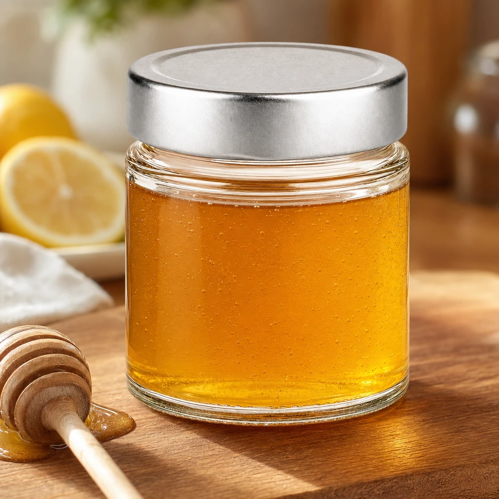 Barattolo rotondo da 135 ml + coperchio BasicSeal argento profondo UN.. 135ml barattolo rotondo coperchio argento pieno di miele dorato cucchiaio di miele limone cucina naturale barattolo alimentare