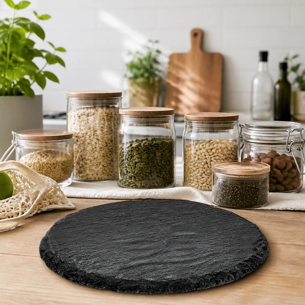 Piatto da portata rotondo in ardesia Ø 150 mm Lastra di ardesia rotonda di 150 mm su tavolo di legno in una cucina sostenibile a rifiuti zero con vasi di stoccaggio ed erbe aromatiche