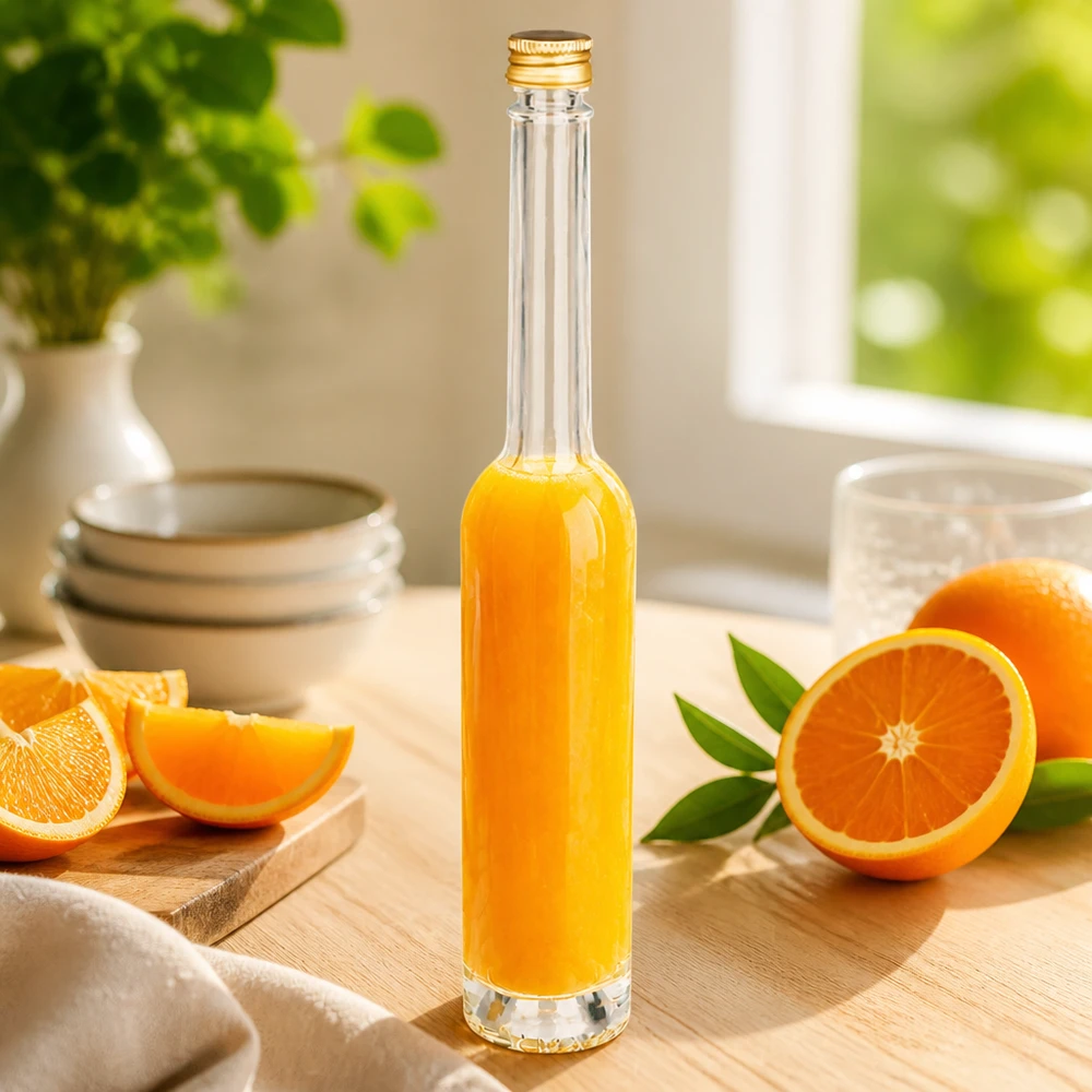 Bottiglia in vetro da 100 ml Toni con tappo a vite argento UNiTWIST® Bottiglia di vetro da 100 ml Toni riempita di succo d'arancia - tappo a vite dorato UNiTWIST in cucina scenario con arance fresche