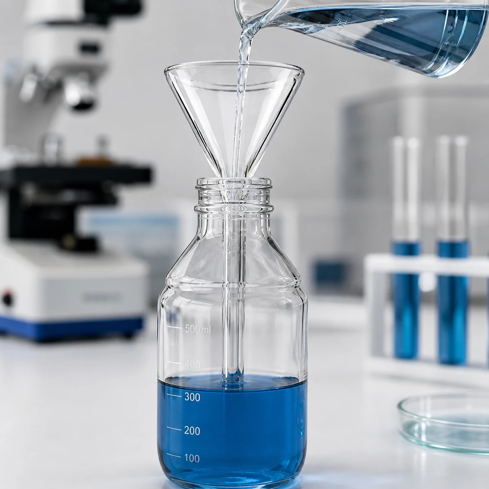 Imbuto Ø 30 mm in calce sodata, angolo 60°, stile corto Imbuto da laboratorio compatto in vetro soda-calcareo con apertura di 30 mm per un'efficiente erogazione di liquidi