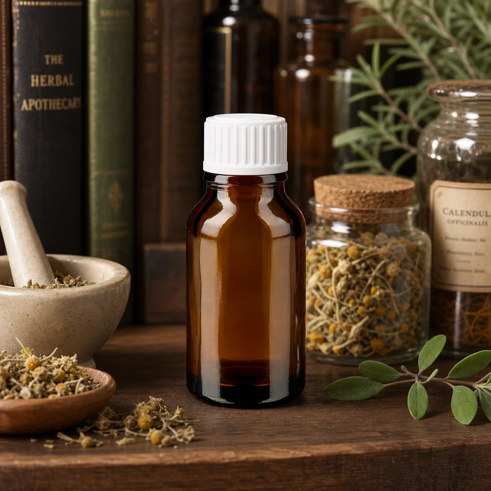Flacone da farmacia marrone in vetro da 30 ml con tappo bianco, circondato da erbe e piante medicinali