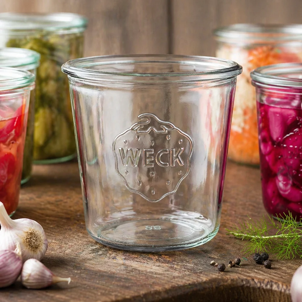 Vaso di vetro da 580 ml WECK RR100 vuoto con logo su un tavolo di legno accanto a barattoli da conserva colorati con verdure e aglio