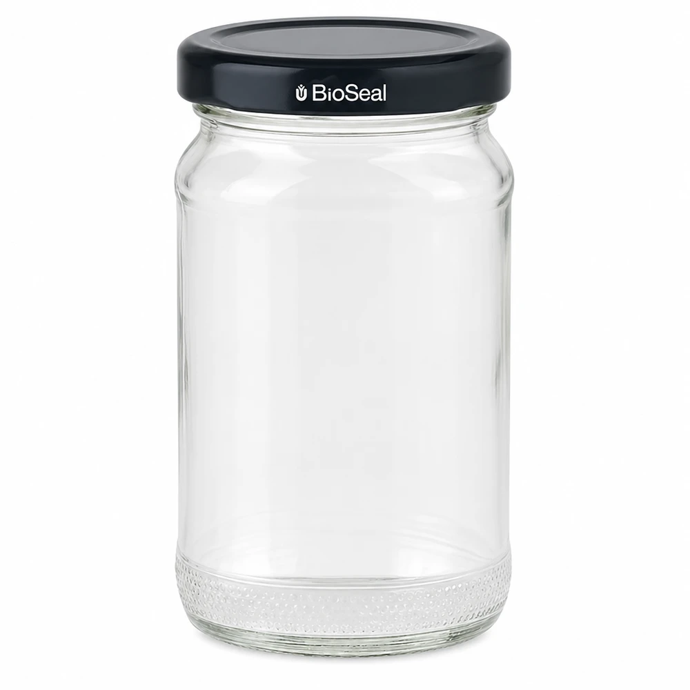 UNiTWIST Runda110 con coperchio nero. Coperchio TO48 BioSeal UNiTWIST Runda110 barattolo per conserve con coperchio nero TO48 BioSeal - barattolo di vetro vuoto per conserve