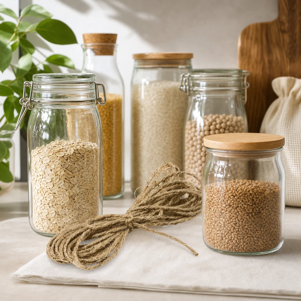 Corda di iuta naturale di 300 cm tra i barattoli decorati con cereali e legumi sul piano di lavoro della cucina