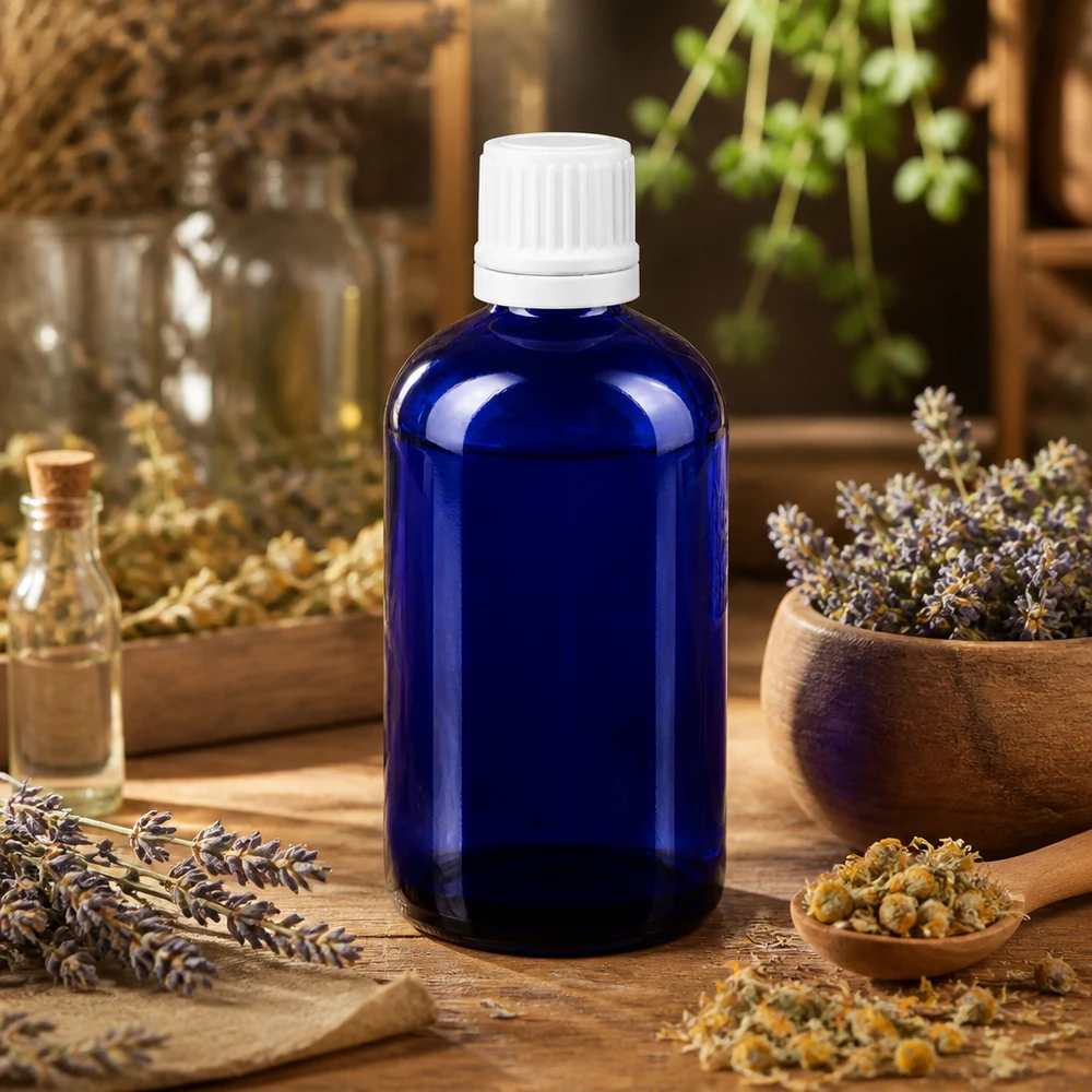 Flacone contagocce blu 100ml OV bianco/0,7mm ApoGlas Flacone contagocce da 100 ml in vetro da farmacia blu cobalto con tappo OV bianco, tra fiori di lavanda e camomilla