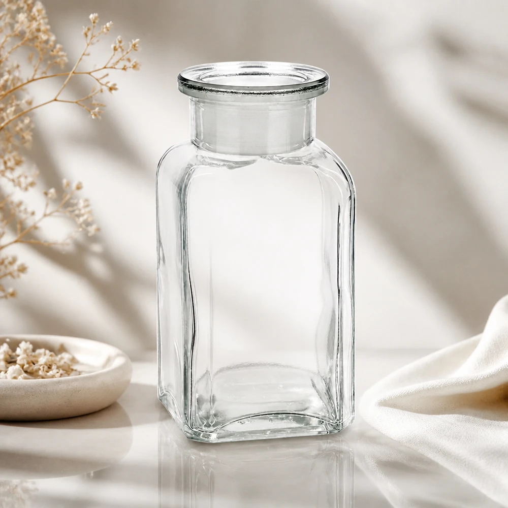 Bottiglia quadrata da 100 ml in vetro trasparente a collo largo con tappo in vetro NS Bottiglia vuota trasparente a forma quadrata da 100 ml con collo largo, su uno sfondo di elegante tessuto bianco e fiori secchi