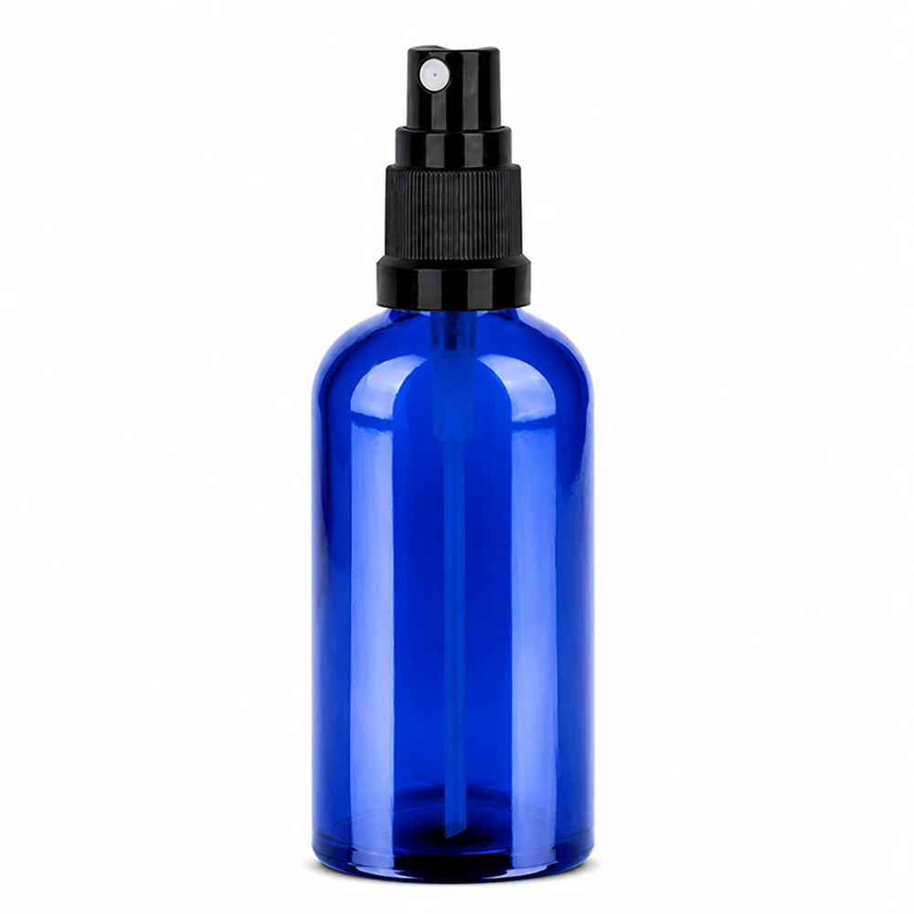 Flacone spray in vetro blu da 100 ml con spruzzatore a pompa nero per cosmetici e oli essenziali