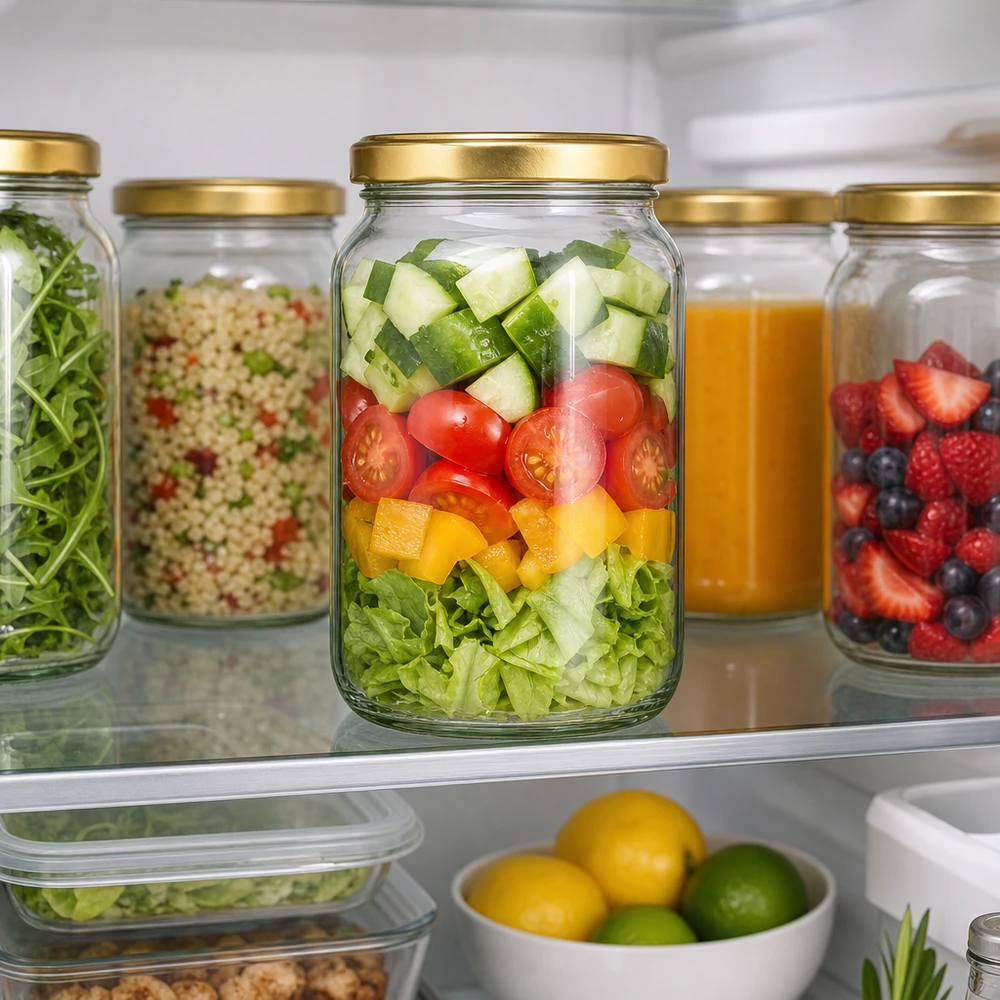 Vaso rotondo da 1700 ml con coperchio BasicSeal oro UNiTWIST Il barattolo rotondo da 1700 ml con coperchio dorato BasicSeal nel frigorifero mostra Meal Prep con insalata e conservazione salutare