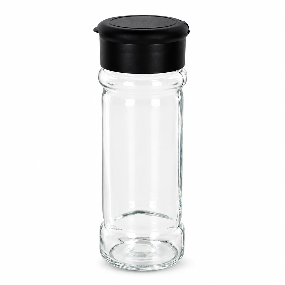 Barattolo per sale/spezie da 100 ml con dosatore, nero Barattolo cilindrico per spezie in vetro trasparente da 100 ml con coperchio dosatore in plastica nera apribile dall'alto