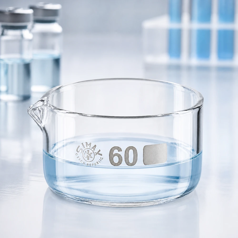 Piatto per cristallizzazione da 60 ml con beccuccio Bo. ø60mm Ciotola di cristallizzazione da 60 ml Simax, ciotola piatta in vetro con beccuccio, indicatore di livello sul fondo, da laboratorio, cilindrica, trasparente