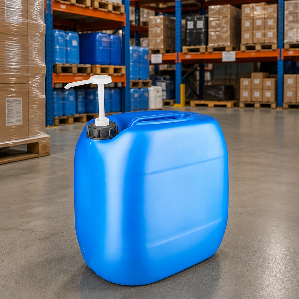 Tanica 30 litri blu con pompa dosatrice Grande tanica blu da 30 litri con pompa integrata su pavimento in cemento in un magazzino industriale