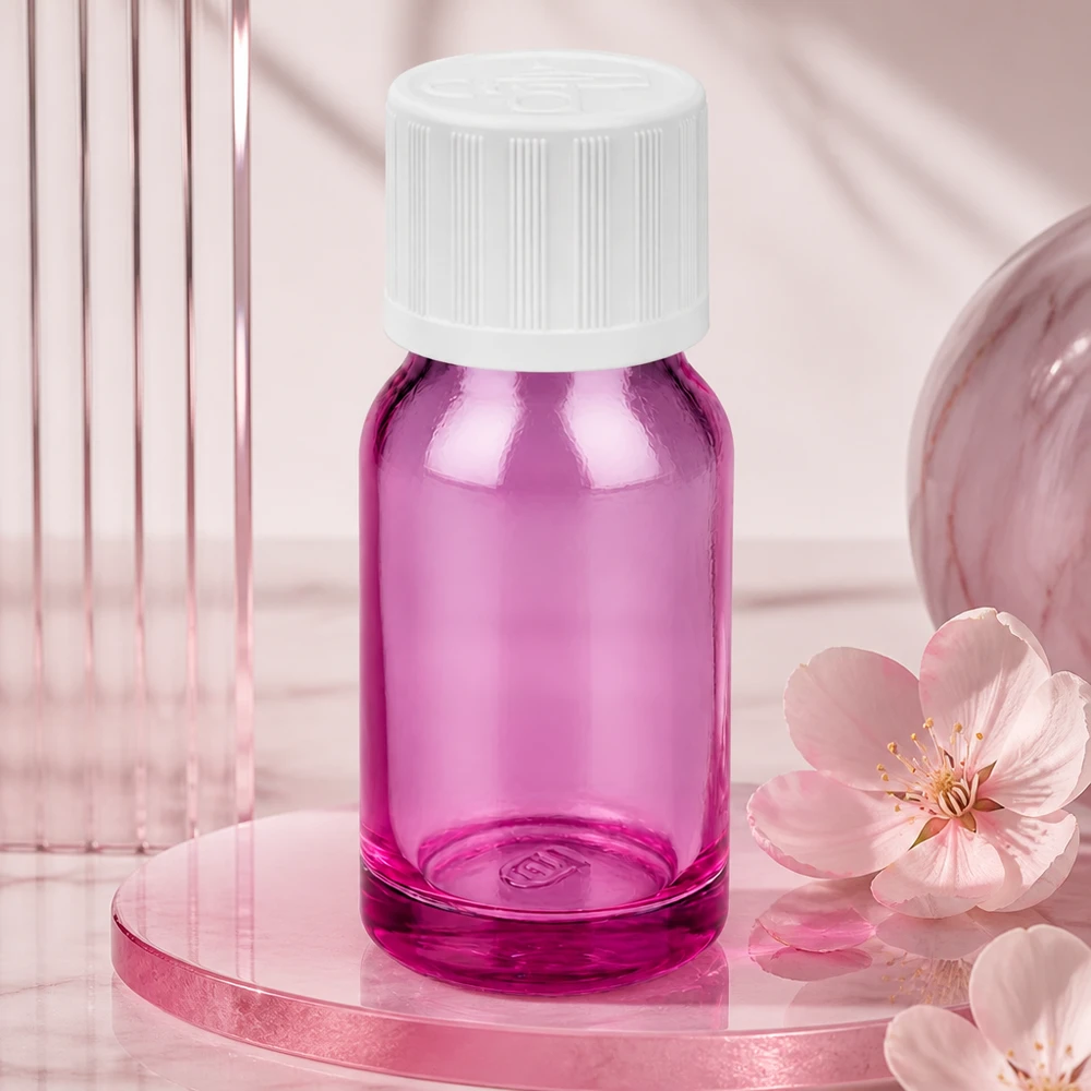 Flacone da 10 ml con tappo a vite bianco da 11 mm a prova di bambino PurpleLine UT18/10 Flacone decorativo in vetro viola da 10 ml con coperchio bianco come soluzione di packaging elegante