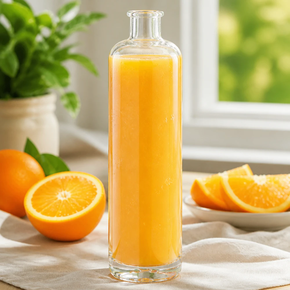Bottiglia in vetro da 700 ml Ella senza tappo UNiTWIST® Bottiglia di vetro da 700 ml di Ella riempita di succo d'arancia fresco accanto a fette d'arancia su un tavolo da cucina chiaro con decorazione vegetale