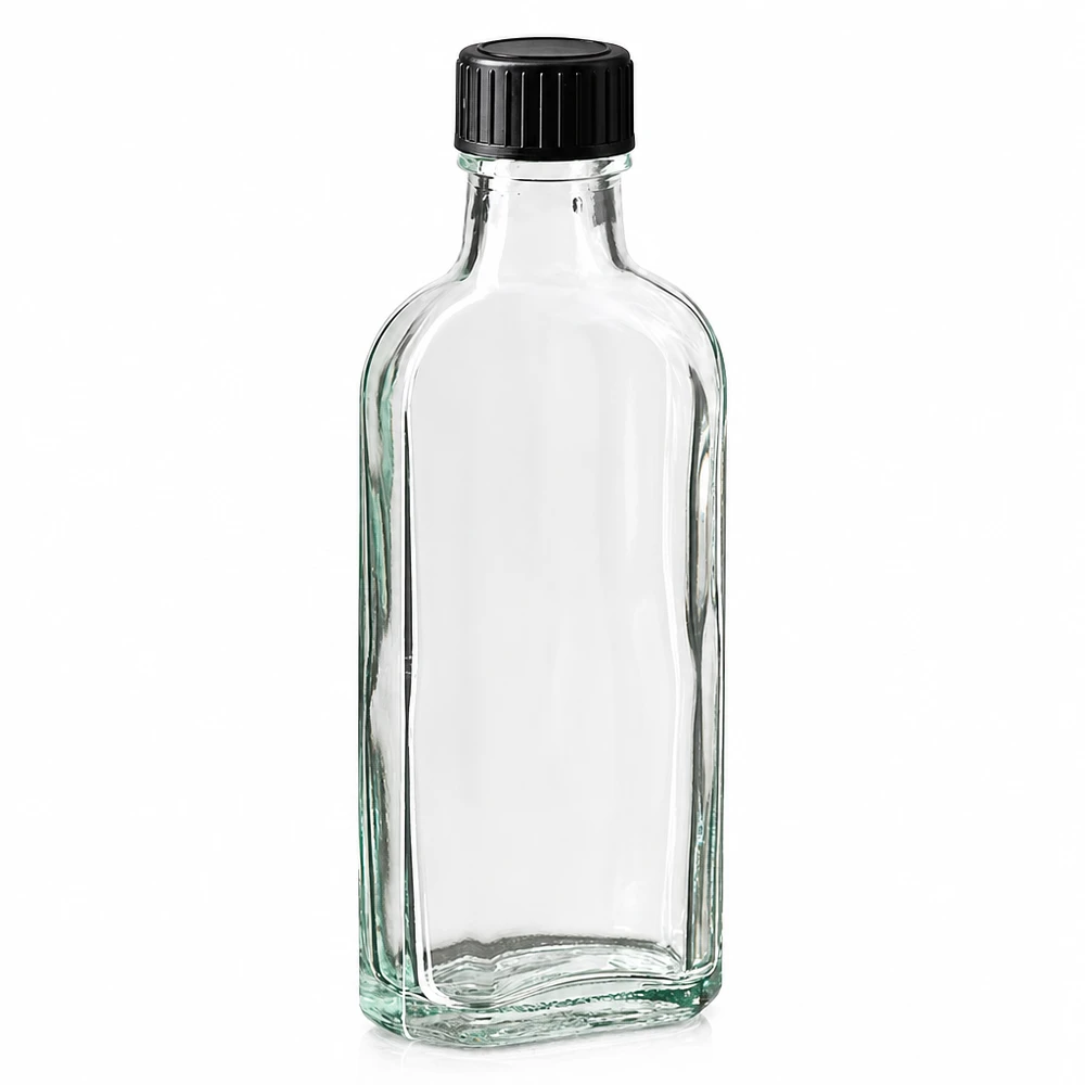 Tappo a vite trasparente Meplat da 100 ml con disco di tenuta in EPE Flacone Meplat da 100 ml in vetro trasparente con tappo a vite nero e rondella di tenuta in EPE