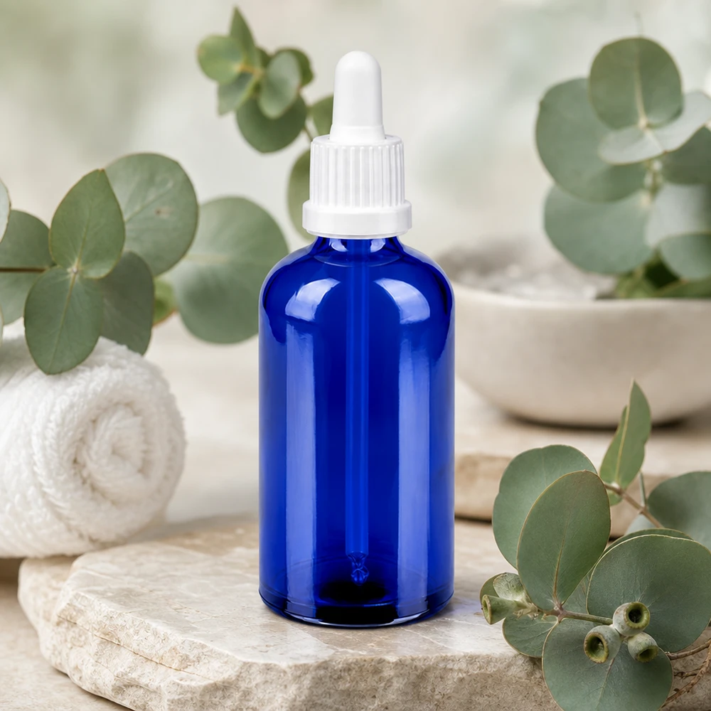 Flacone per pipette da 100 ml bianco OV BlueLine UT18/100 Flacone compatto da 100 ml in vetro blu con pipetta contagocce, perfetto per i viaggi e gli spostamenti BlueLine UT18