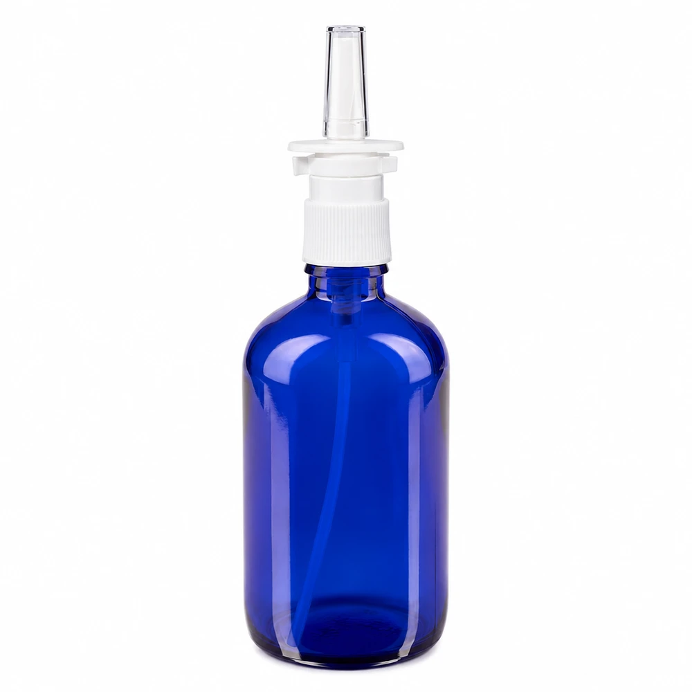 Flacone blu da 100 ml per spray nasale in vetro da farmacia con erogatore bianco e ugello trasparente