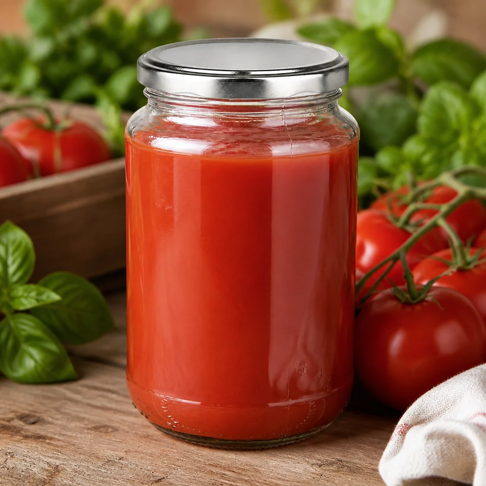 Vaso di vetro rotondo da 320 ml + BasicSeal argento UNiTWIST Barattolo da 320 ml UniTwist BasicSeal argento, ideale per conservare pomodori e salse