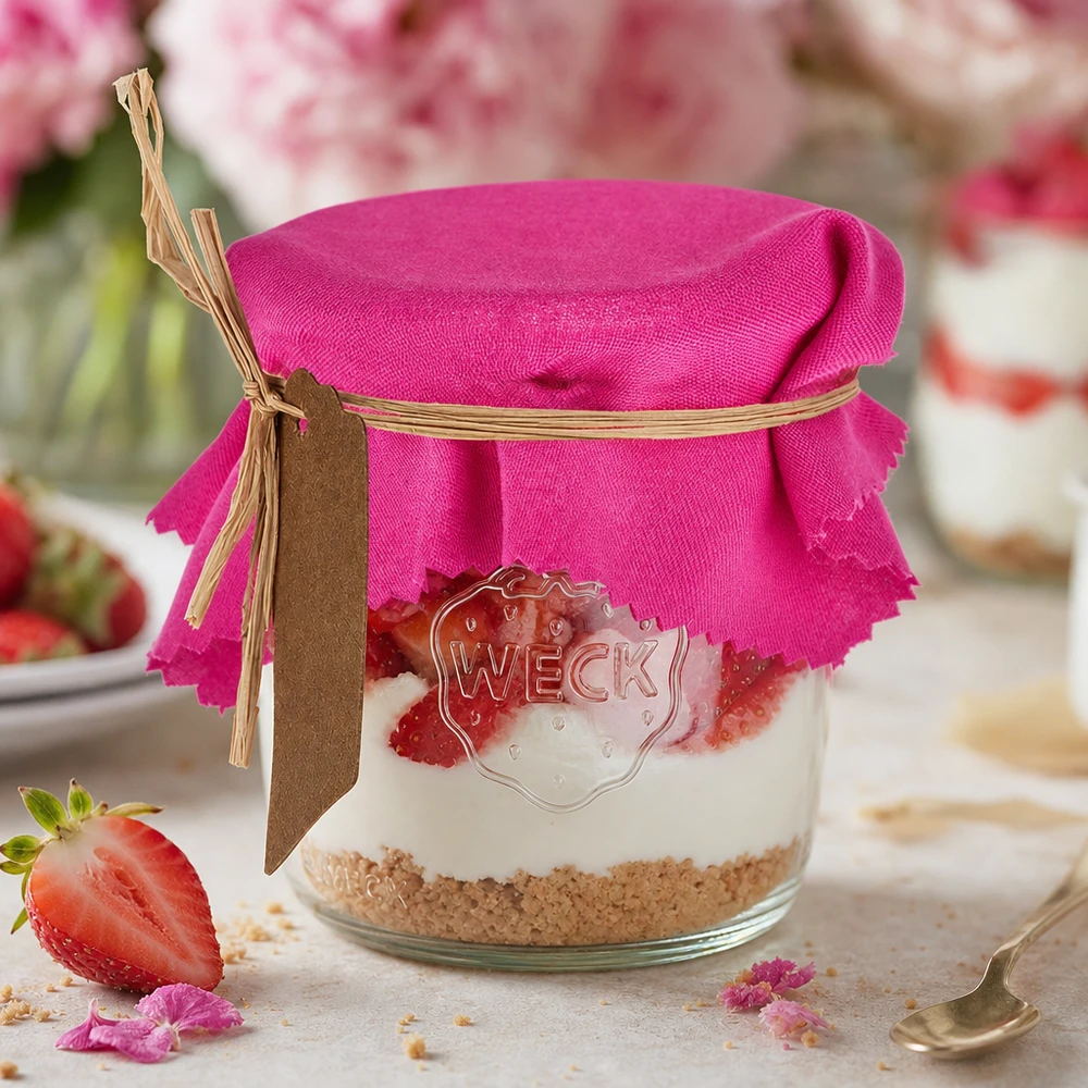 Centrino in tessuto rosa 12 cm quadrato decorazione fai da te per vaso da conserva con dessert alla fragola e istruzioni per l'artigianato