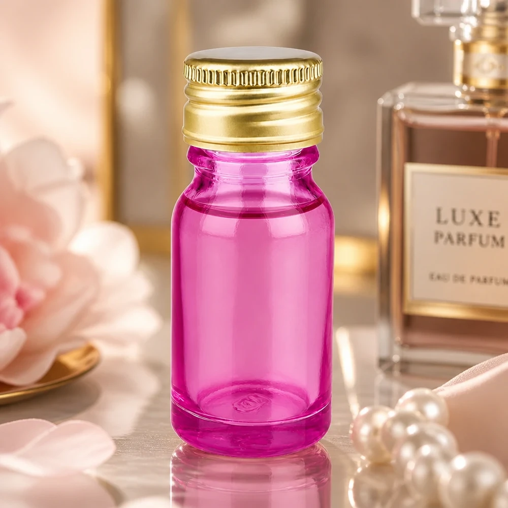 Flacone da 10ml tappo a vite 11mm alluminio oro standard PurpleLine. UT18/10 Flacone da 10 ml in elegante viola con tappo in alluminio-oro per oli ed essenze di alta qualità