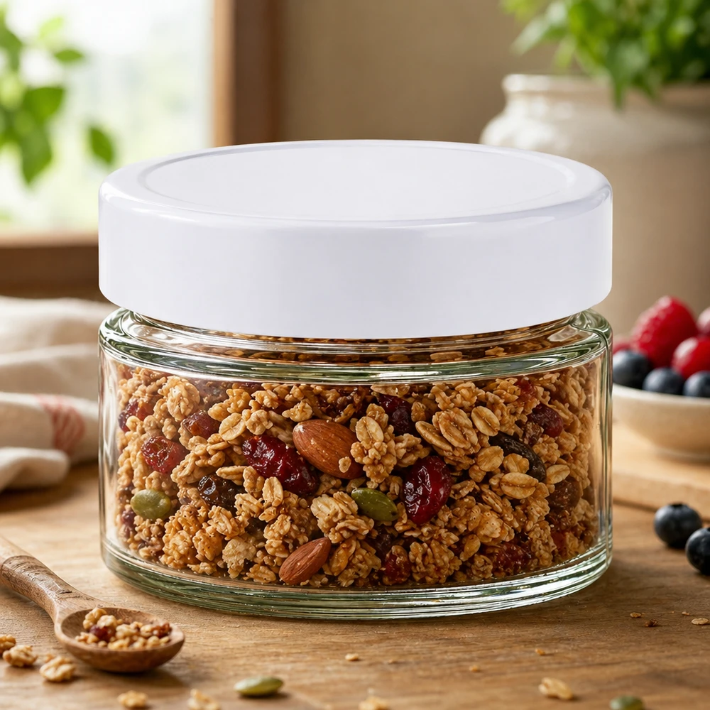 Barattolo rotondo da 130 ml con coperchio BasicSeal bianco UNiTWIST Barattolo rotondo UNiTWIST da 130 ml con coperchio BasicSeal riempito con miscela di muesli - frutta secca da conservare
