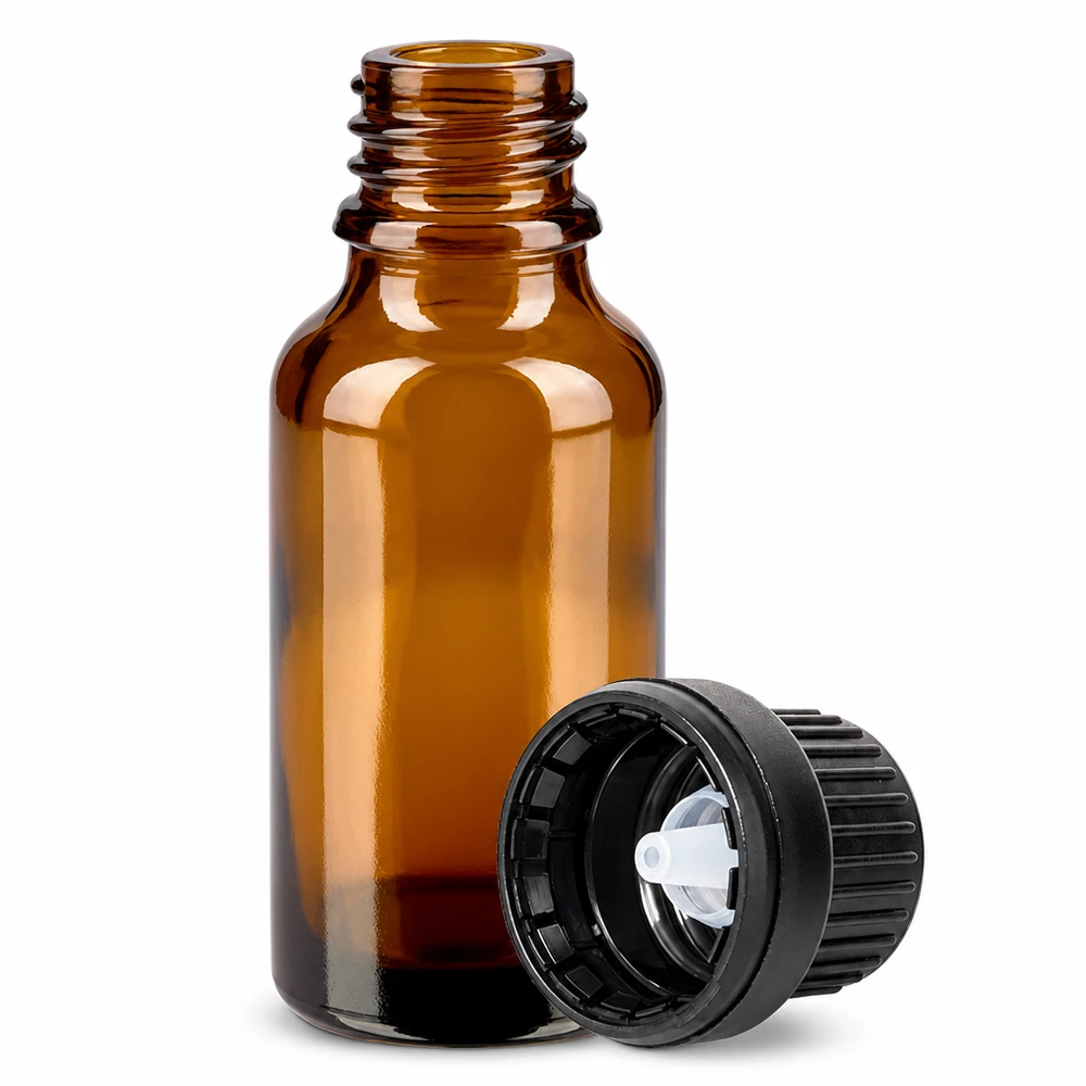 Flacone contagocce da 20 ml 2 mm nero OV BrownLine UT18/20 Flacone in vetro da 20 ml di colore marrone con coperchio contagocce nero, ideale per sieri ed essenze.