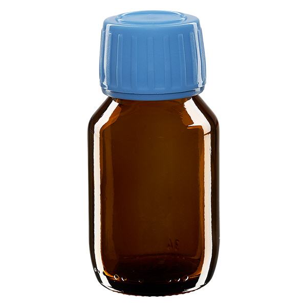 Flacone per medicinali da 50 ml marrone, tappo blu con chiusura antimanomissione