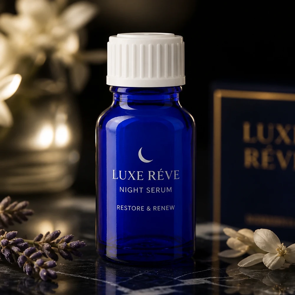 Siero notturno Luxe Reve in flacone da farmacia da 10 ml blu cobalto con tappo a vite bianco