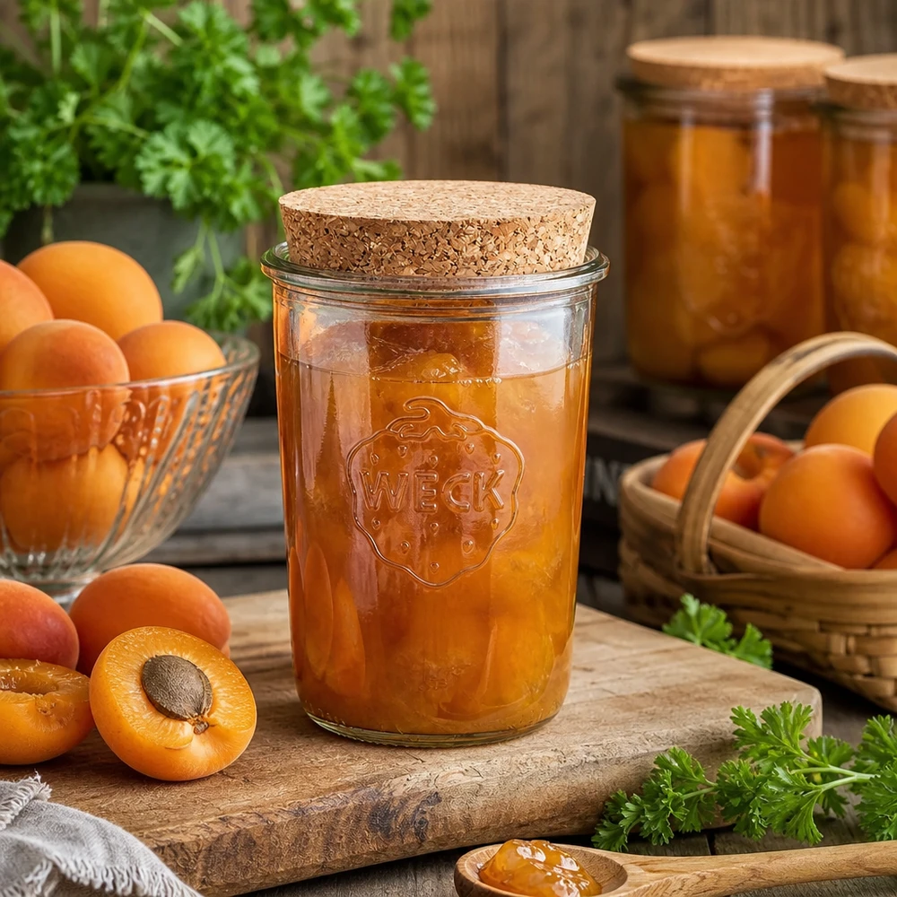 Vaso WECK RR100 da 850 ml con tappo di sughero riempito di marmellata di albicocche accanto ad albicocche fresche su un tavolo di legno