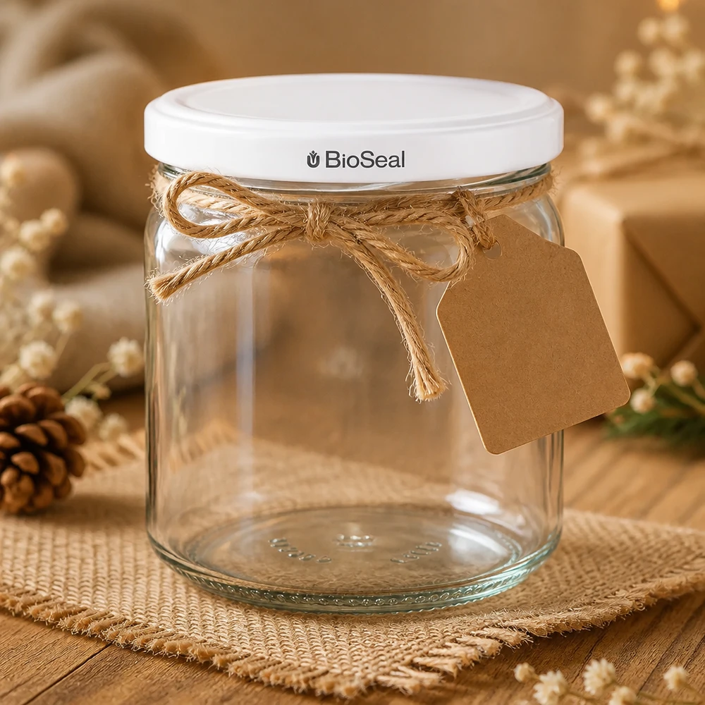 UNiTWIST Runda408 con coperchio bianco TO82 BioSeal UNiTWIST Runda408 dekorativ mit Juteschleife und Geschenkanhänger - stilvoll verpacktes Einmachglas als Geschenkidee