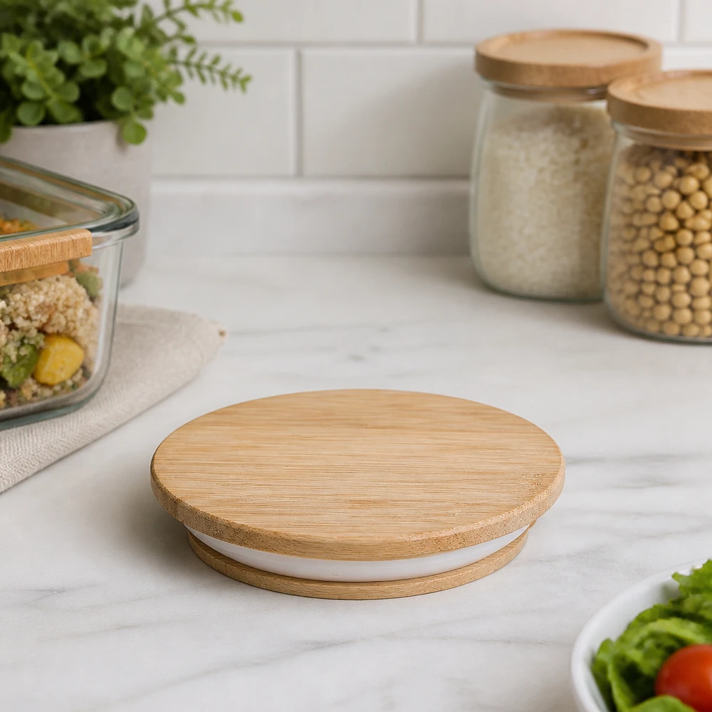 Coperchio in legno WECK RR80 su piano di lavoro in marmo con barattoli e contenitori per la preparazione dei pasti in una cucina moderna