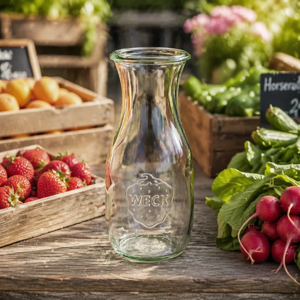 Bottiglia per succhi da 530 ml WECK RR60 Bottiglia di succo WECK 530ml RR60 su un tavolo di legno con fragole fresche, ravanelli e verdure in una cucina rustica