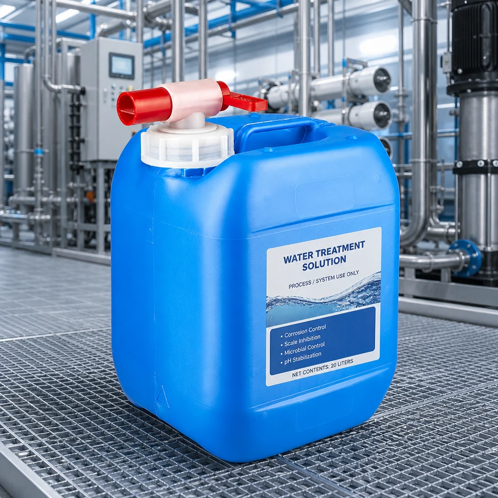 Tanica blu in HDPE da 5 litri con rubinetto di scarico rosso per il trattamento dell'acqua negli impianti industriali