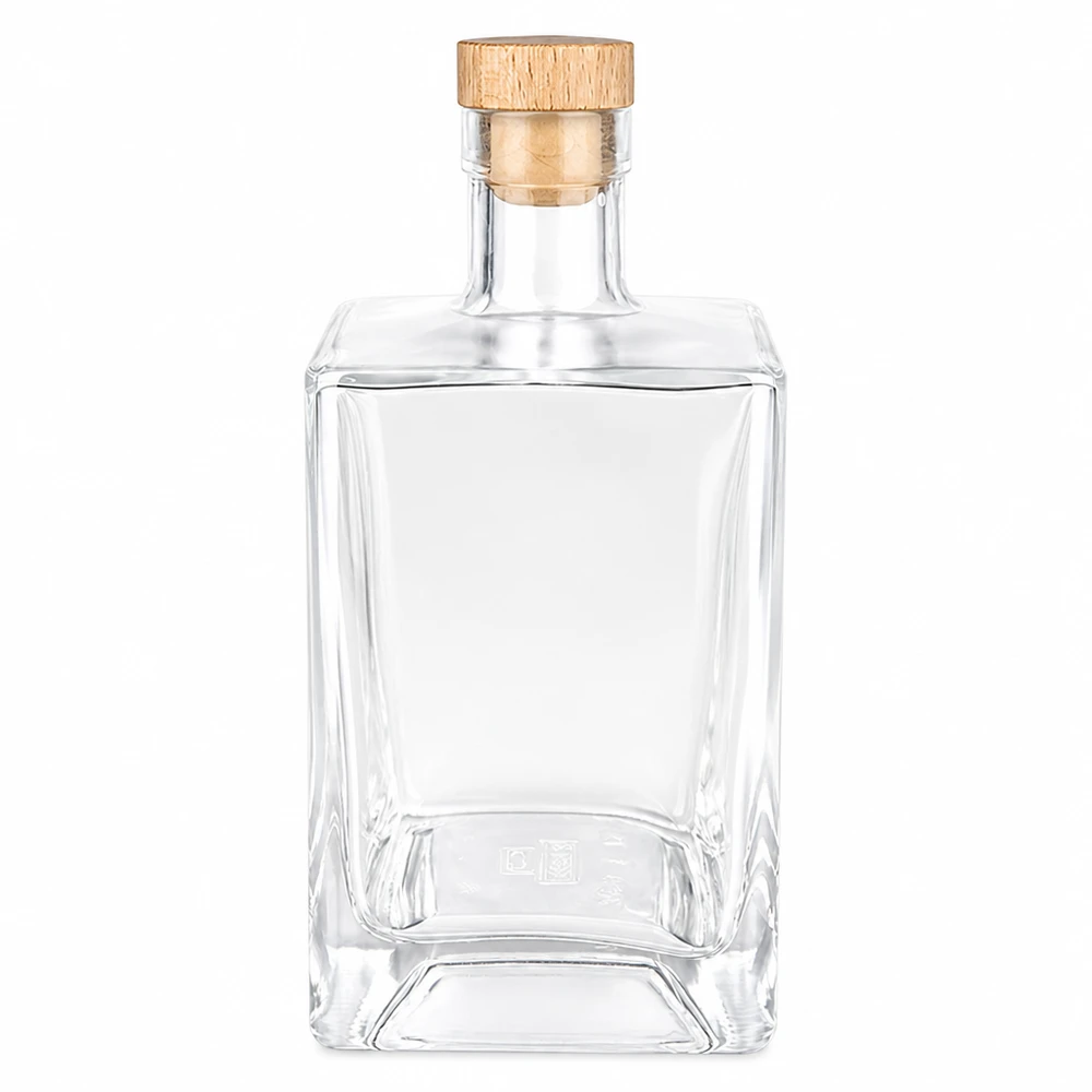 Bottiglia in vetro da 700 ml Ben con tappo in sughero con impugnatura in legno UNiTWIST® 700ml bottiglia di vetro Ben con manico in legno tappo UNiTWIST trasparente vuoto forma rettangolare spiriti bottiglia di whisky