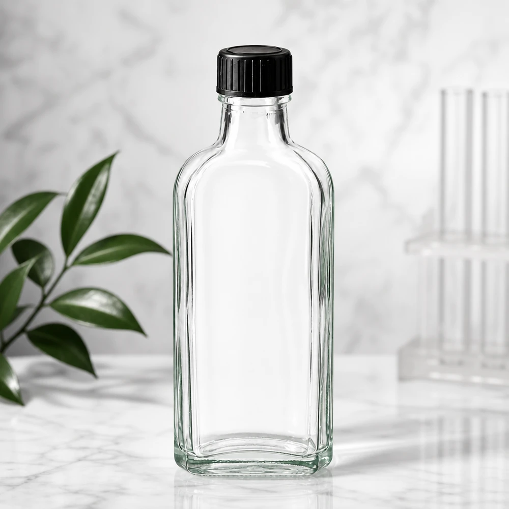 100 ml Tappo a vite trasparente Meplat con disco di tenuta LKD Flacone di vetro Meplat vuoto da 100 ml, trasparente, con tappo a vite nero su sfondo di marmo