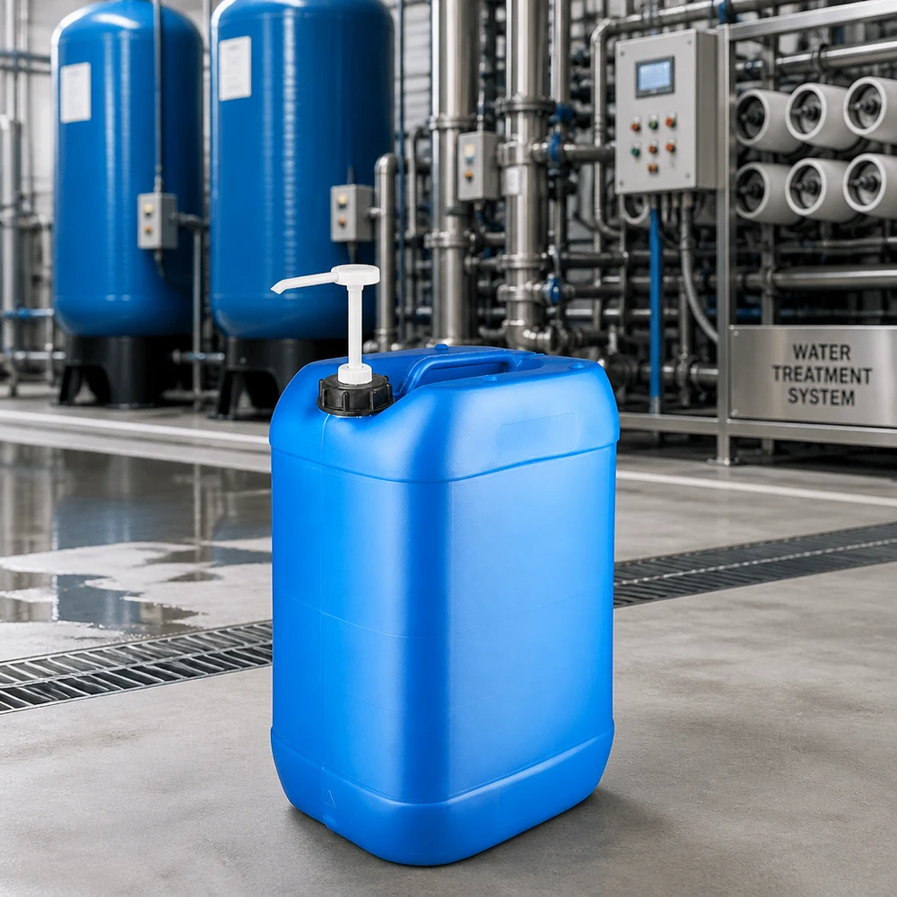 Tanica 25 litri blu con pompa dosatrice Tanica blu da 25 litri con pompa dosatrice davanti a un impianto di trattamento dell'acqua dotato di sistema di tubazioni