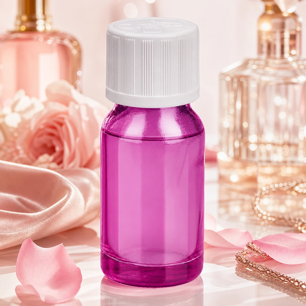Elegante flacone viola da 10 ml con tappo bianco per una presentazione elegante del prodotto
