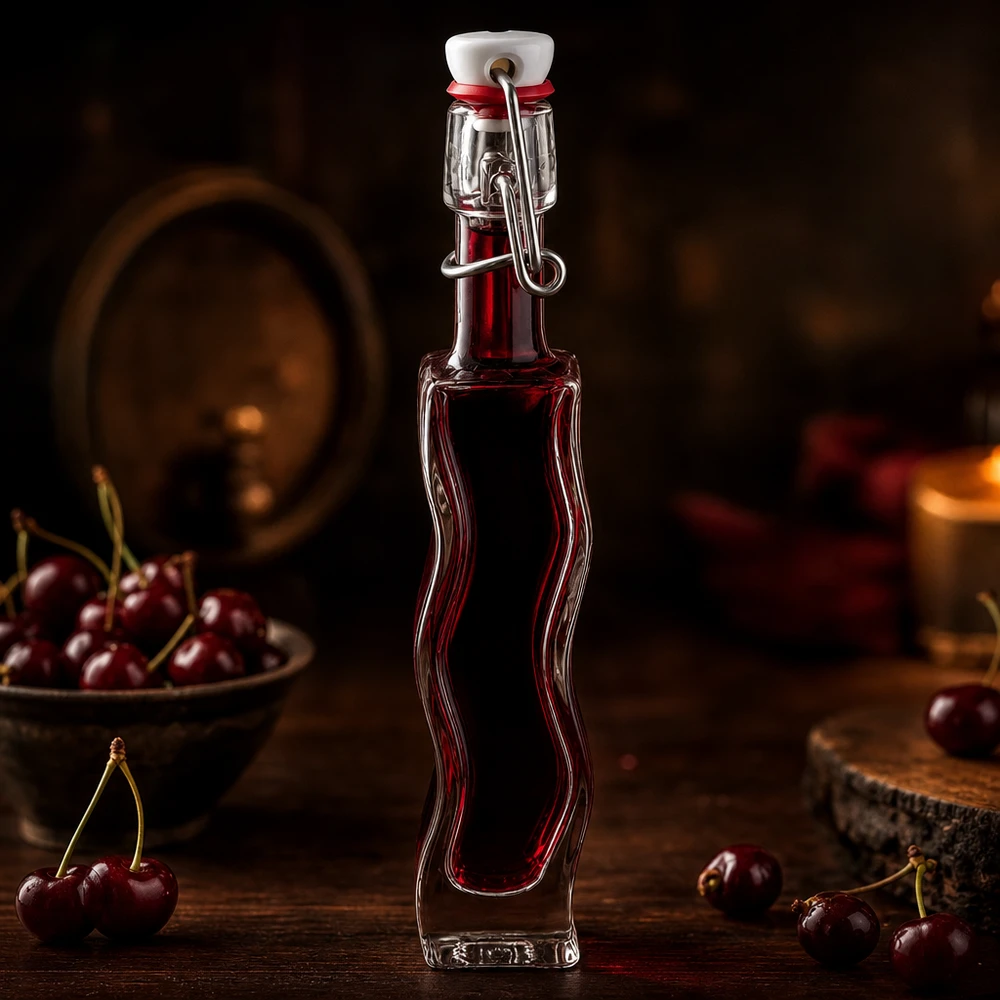 Flacone in vetro da 40 ml Fila con tappo a clip in PVC UNiTWIST® Bottiglia in vetro Anna da 40 ml con liquido rosso scuro alla ciliegia in un ambiente rustico da cantina con ciliegie fresche.