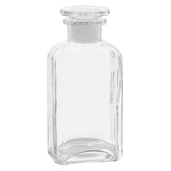 Bottiglia quadrata da 250 ml con collo largo e tappo in vetro Bottiglia quadrata da 250 ml con collo largo e tappo in vetro