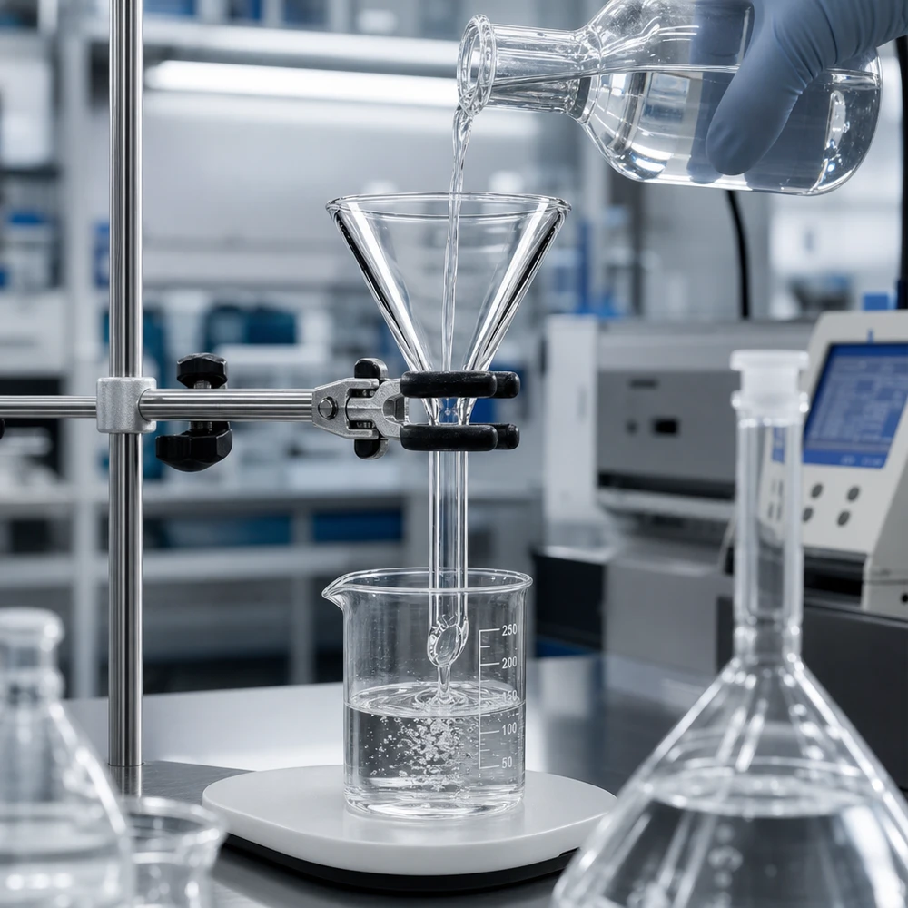 Imbuto Ø 30 mm in calce sodata, angolo 60°, stile corto Imbuto da laboratorio compatto in vetro soda-calcareo con apertura di 30 mm per una filtrazione e una separazione efficienti