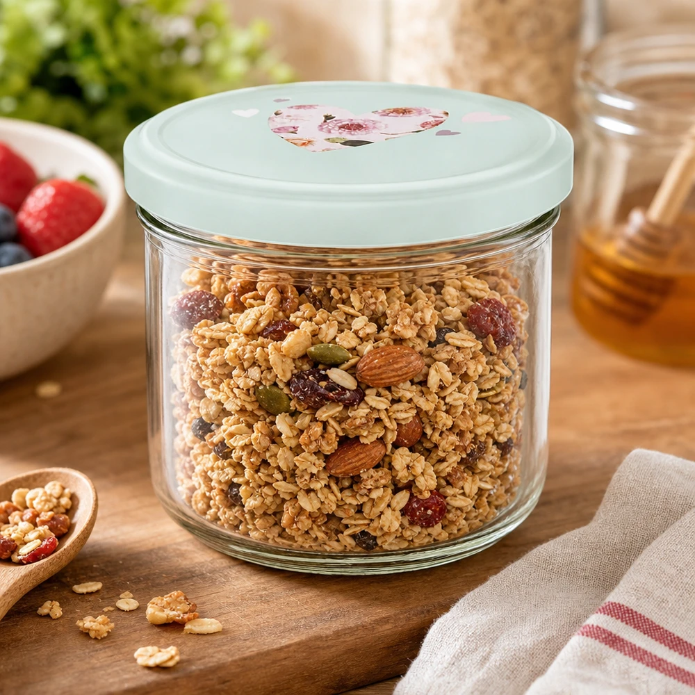 260ml tumbler + BasicSeal coperchio cuore menta UNiTWIST Bicchieri da 260 ml con coperchio BasicSeal riempiti con muesli e noci, barattolo di vetro per cereali da colazione