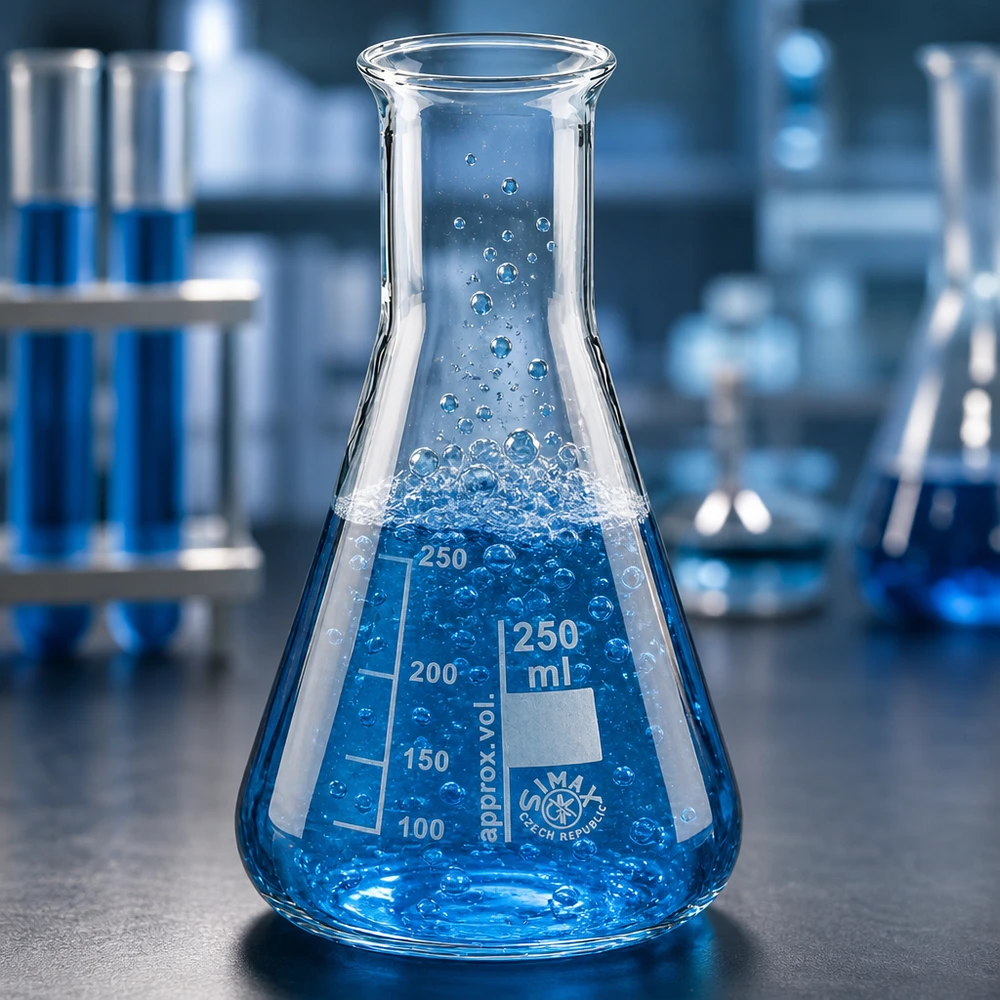 Beuta da 250 ml riempita con una sostanza chimica blu reattiva in un ambiente di laboratorio sterile.