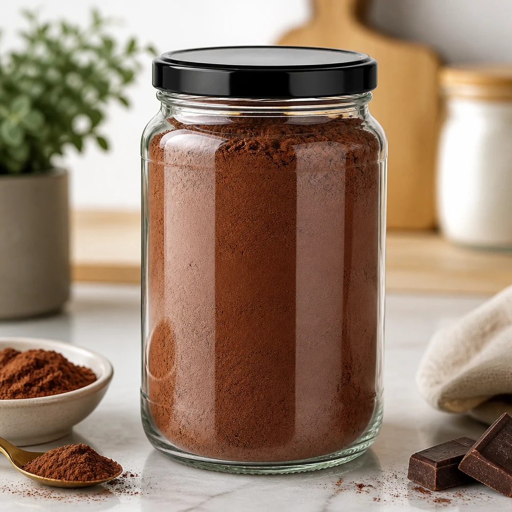 Barattolo rotondo da 1700 ml con coperchio BasicSeal nero UNiTWIST. Cacao in polvere in barattolo rotondo da 1700 ml con coperchio nero Stoccaggio di scenari in cucina Contenitore per la conservazione del cioccolato in polvere