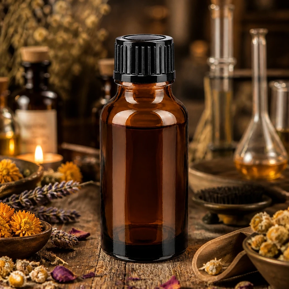 Flacone contagocce STD da 20 ml color ambra, in vetro da farmacia, con tappo nero e decorazioni a tema erbe aromatiche